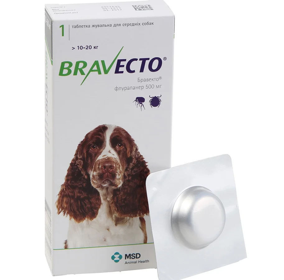 Бравекто 500 мг для собак весом 10-20 кг