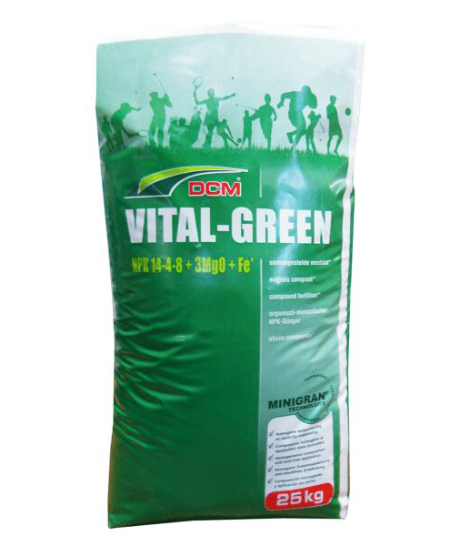 Органо-мінеральне добриво для газону DCM Vital-Green, 25кг, 14.4.8+3Mg+Fe, Весна-Літо, 3 міс.
