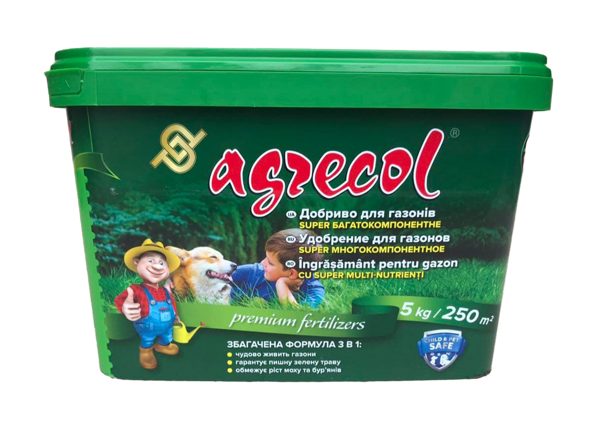Комплексне мінеральне добриво для газонів SUPER багатокомпонентне Agrecol NPK 20.5.9,4, 5 кг (30231)