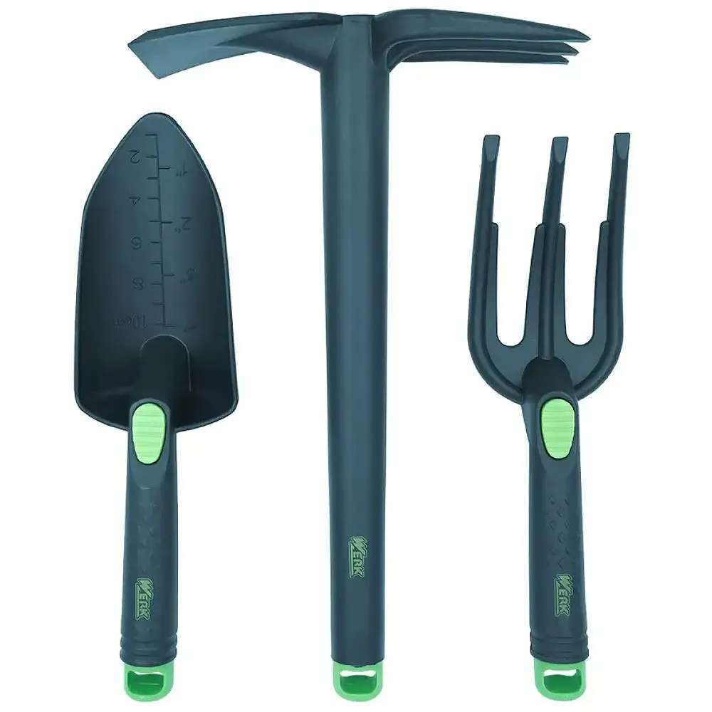 Набір міні інструментів садових 3 шт. (мотика двостороння, вила, лопатка) 280-303мм пластиковий WERK,81076,139098