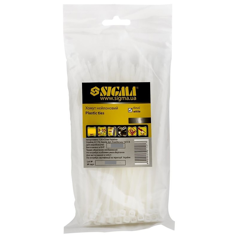 Хомут нейлон 3,6*200мм 100 шт (белый) Sigma (2502131)