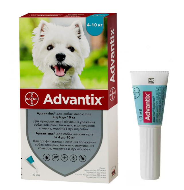 Капли от блох и клещей Advantix Bayer для собак 4-10 кг, 1 піпетка