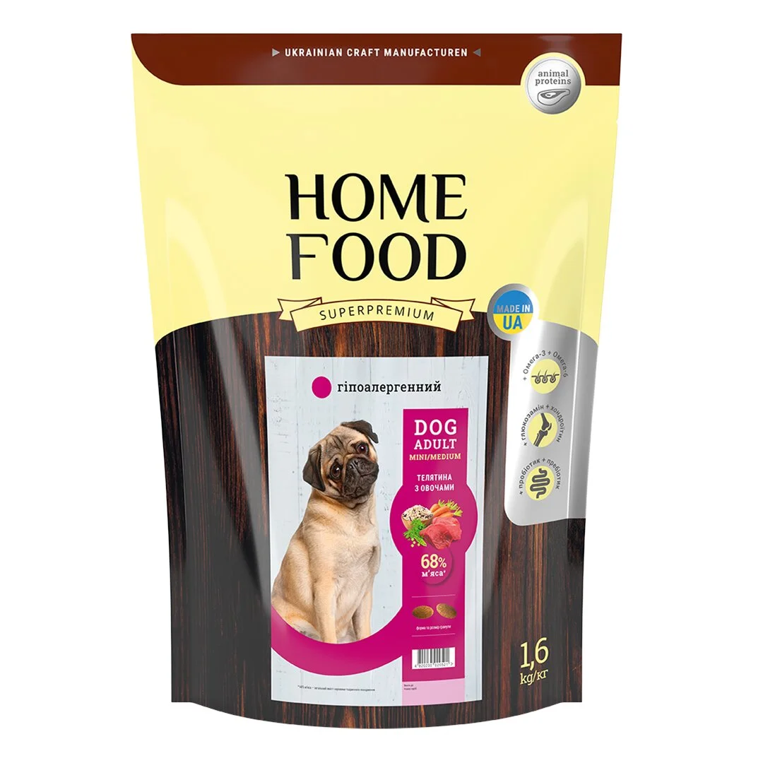 Сухой гипоаллергенный корм Home Food Dog Adult Mini для взрослых собак, телятина с овощами, 1,6 кг
