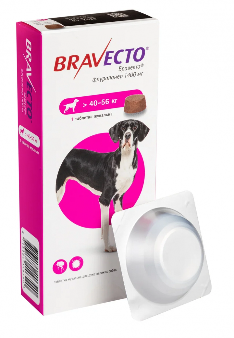 Жувальна таблетка Bravecto 1400 мг від бліх та кліщів, для собак вагою 40-56 кг 1