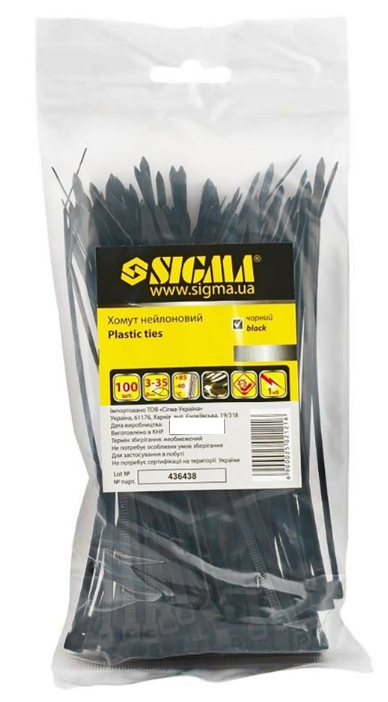 Хомут нейлоновый, черный, 2,5х200мм, 100шт, TM Sigma 2